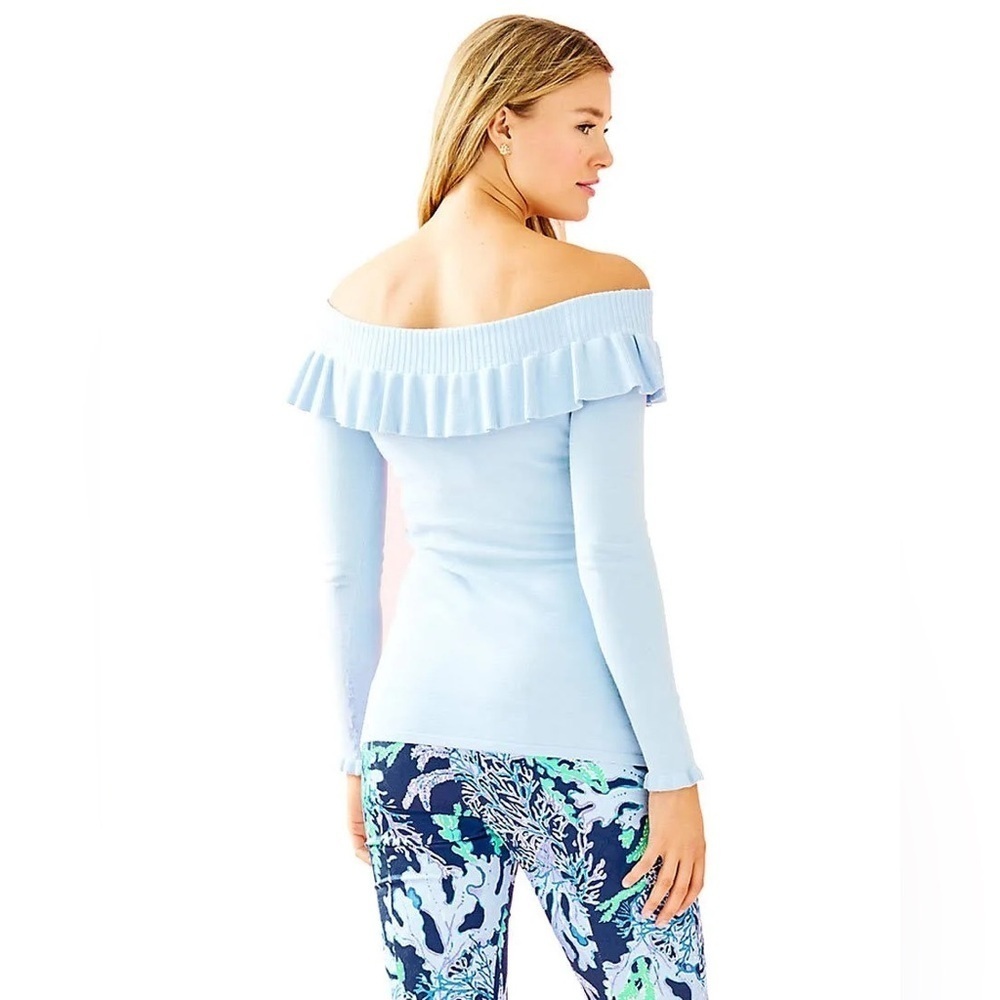 Lilly Pulitzer Off the Shoulder Ruffle Siesta Sweater Crew Periwinkle Blue Small - Picture 2 of 14